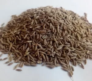 a pile of cumin seeds on a white surface.